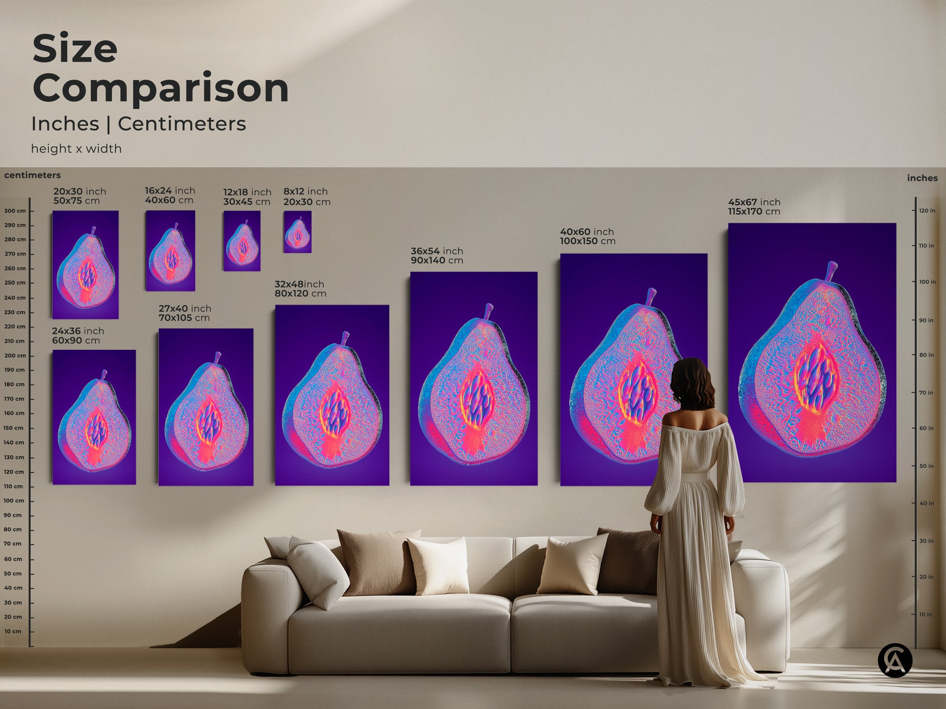 Size comparison of abstract pear artwork in inches and centimeters. See how the canvas art fits above a sofa. The psychedelic fruit print adds a vibrant touch. Choose the right size for your eclectic decor.