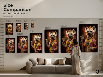 Size comparison of the dapper hyena musician wall artwork in inches and centimeters. The artwork goes well above a couch. See various sizes of retro animal prints for eclectic home decor. This art makes a perfect gift for music lovers in vintage style.
