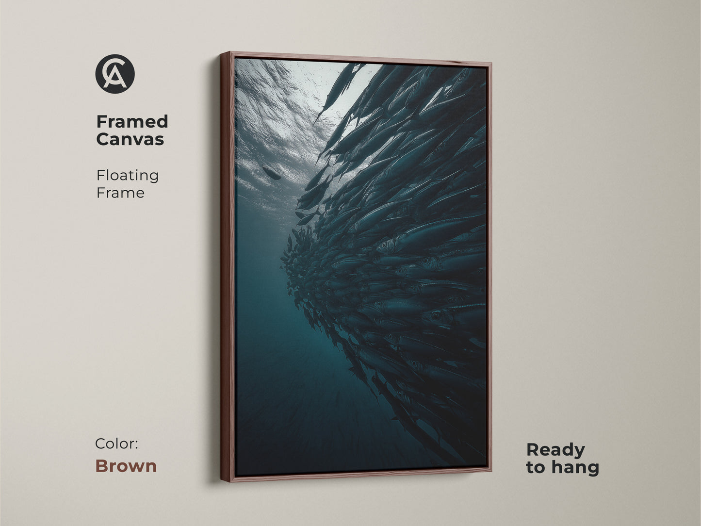 Framed canvas showcasing a school of fish with a brown floating frame. This underwater ocean wildlife print is ready to hang. The contemporary fish artwork brings oceanic nature indoors. Ideal deep blue gray teal wall art for marine life enthusiasts.