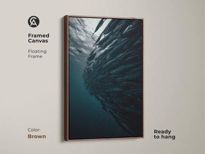 Framed canvas showcasing a school of fish with a brown floating frame. This underwater ocean wildlife print is ready to hang. The contemporary fish artwork brings oceanic nature indoors. Ideal deep blue gray teal wall art for marine life enthusiasts.