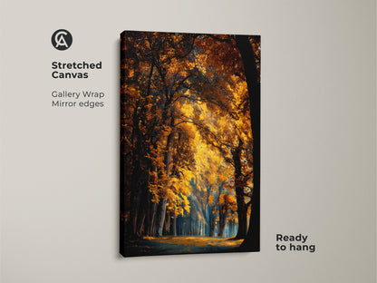 A stretched canvas print shows an autumn forest. The gallery wrap has mirror edges. The ready to hang artwork transforms any room. View a nature landscape with wall art.