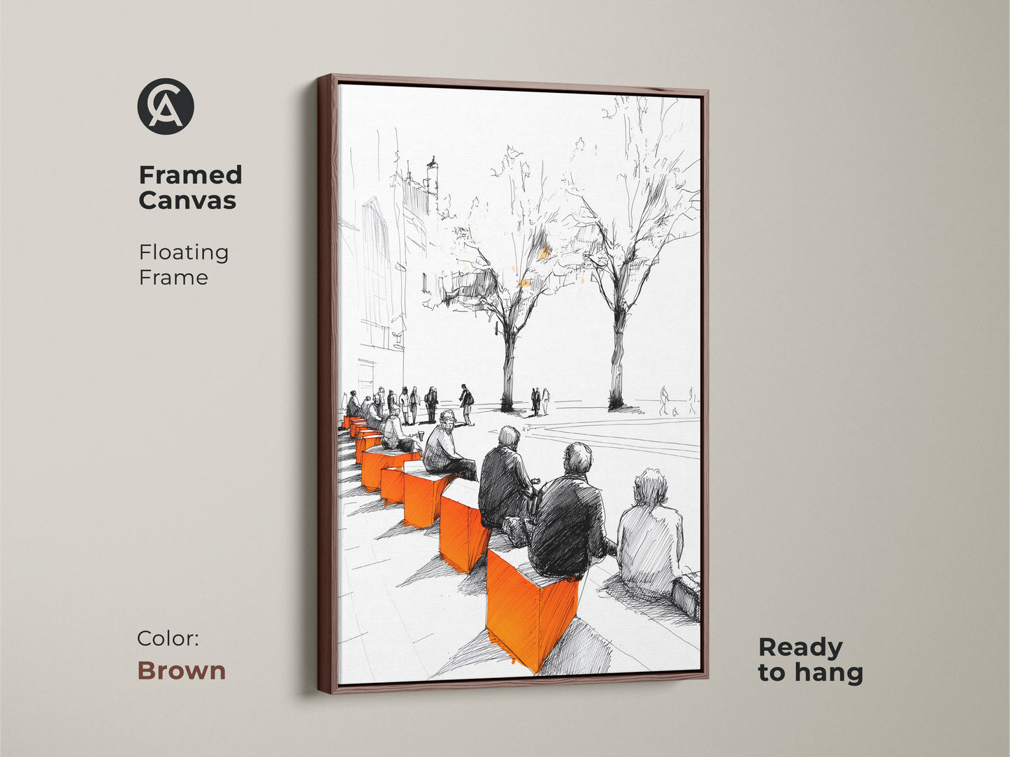 Framed canvas art print showcasing a modern sketch of an urban cityscape. People are featured on benches in a minimalist style with black white and orange accents. Presented in a brown floating frame this ready-to-hang piece adds urban sophistication to any room.