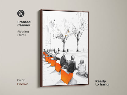 Framed canvas art print showcasing a modern sketch of an urban cityscape. People are featured on benches in a minimalist style with black white and orange accents. Presented in a brown floating frame this ready-to-hang piece adds urban sophistication to any room.
