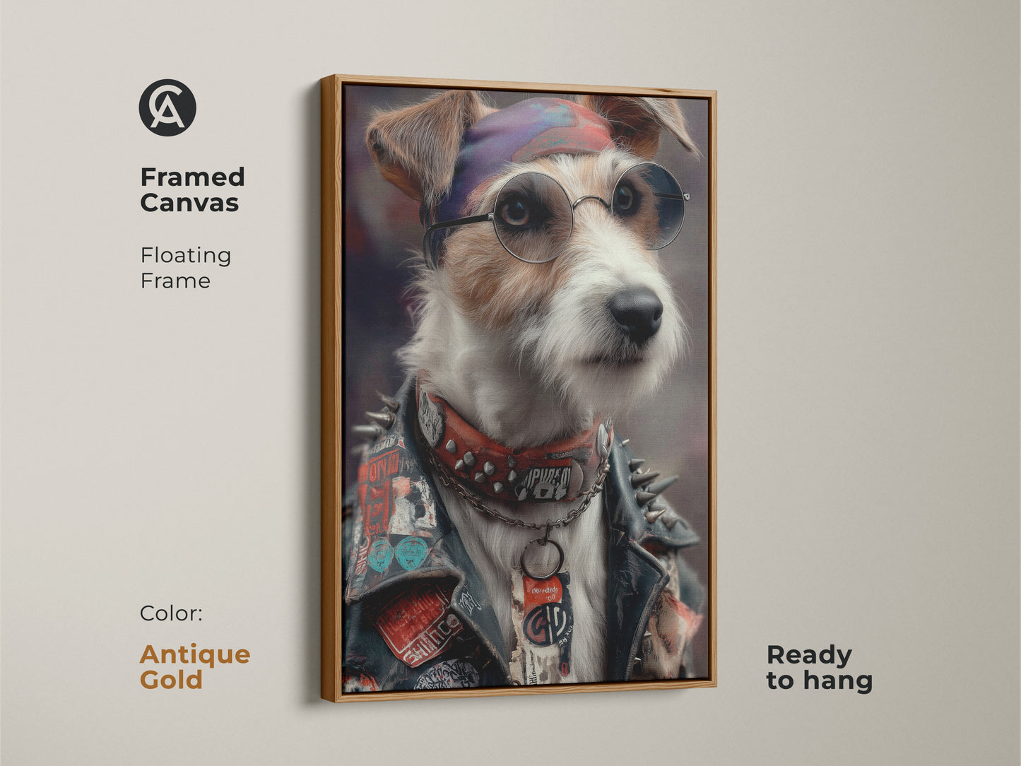 Antique Gold framed canvas art. This artwork features a punk rock Jack Russell Terrier. The floating frame enhances the Neo-Victorian aesthetic. Unique dog artwork is perfect for eclectic homes. It will make a bold statement ready to hang in a man cave.