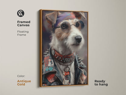 Antique Gold framed canvas art. This artwork features a punk rock Jack Russell Terrier. The floating frame enhances the Neo-Victorian aesthetic. Unique dog artwork is perfect for eclectic homes. It will make a bold statement ready to hang in a man cave.
