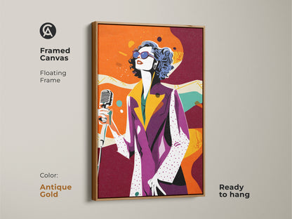 Framed canvas art displays a retro singer with a microphone in a Pop Art style. The floating frame is antique gold and the eclectic music wall decor features purple yellow and orange tones. It is ready to hang and makes a great gift.