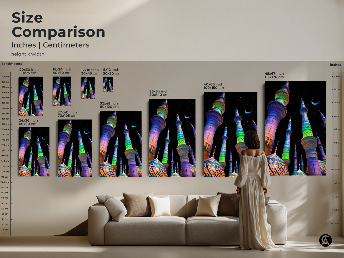 This size comparison shows this mosque art print in various sizes. The Islamic architecture artwork is available in inches and centimeters. See how the art transforms any space with various sizes. It is ideal for adding spiritual wall decor.