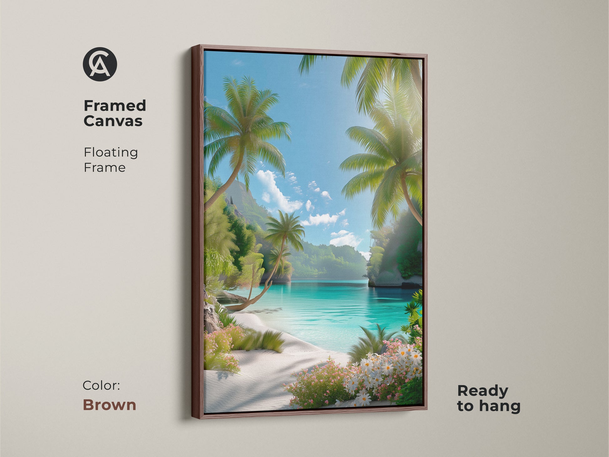Framed beach artwork in a brown floating frame. The art shows palm trees clear waters and white sand. This tropical scene brings a sense of tranquility to any room. Ready to hang this framed canvas enhances your living space.
