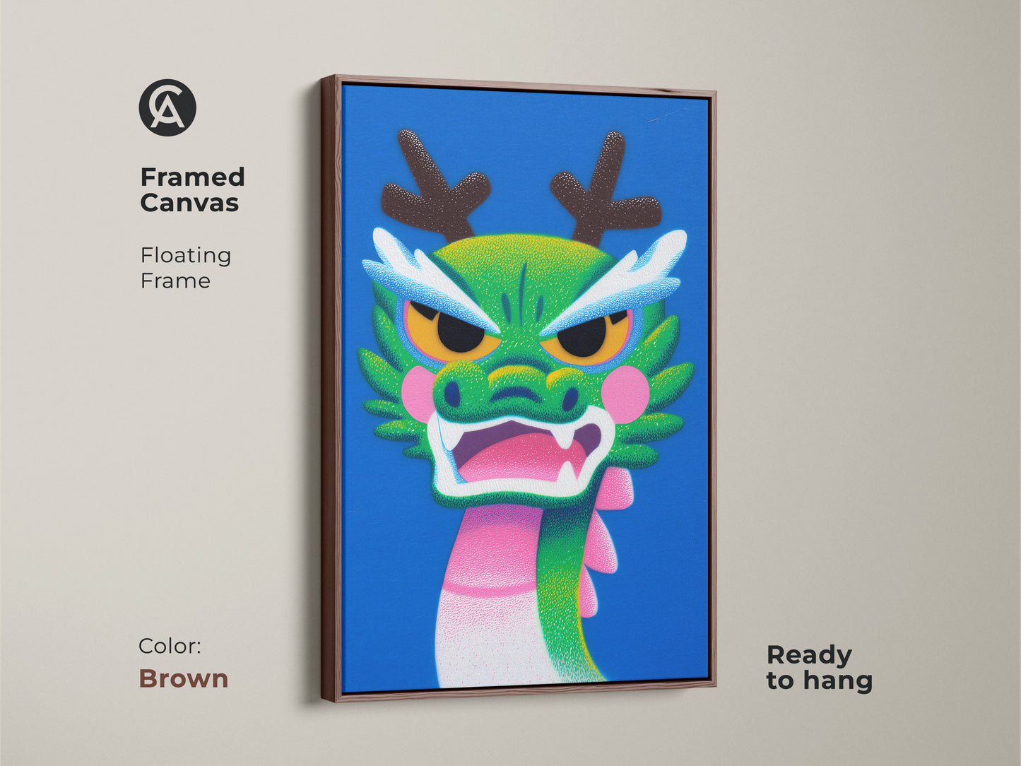 Framed canvas featuring a Cartoon Dragon in a floating frame in brown. The green pink and blue art is ideal for childrens rooms. This mythical creature is ready to hang.