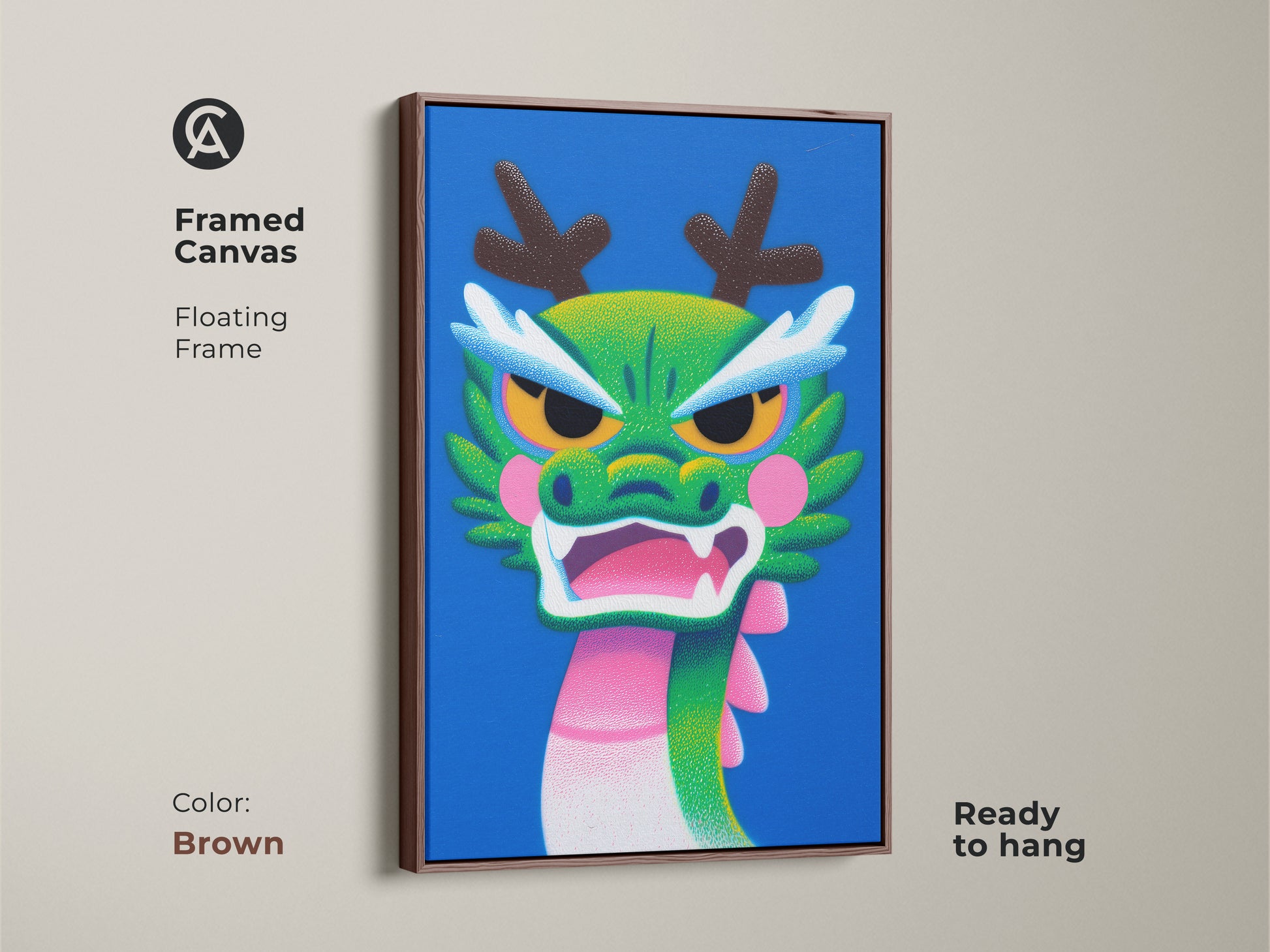 Framed canvas featuring a Cartoon Dragon in a floating frame in brown. The green pink and blue art is ideal for childrens rooms. This mythical creature is ready to hang.