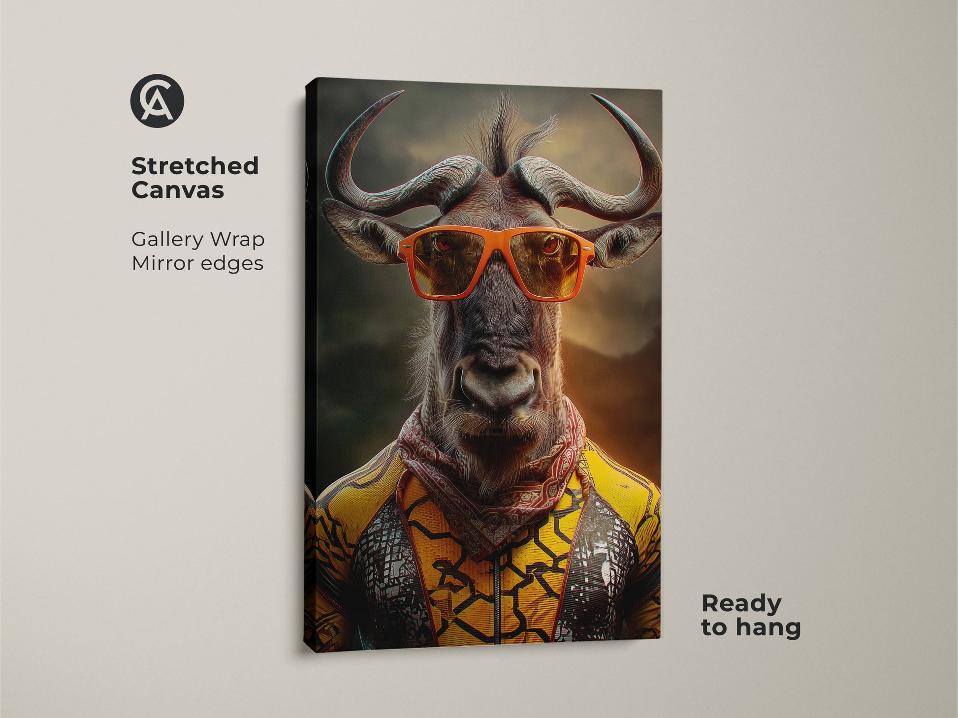 Close-up of a stretched canvas gallery wrap wildebeest art print. The surreal animal canvas features a wildebeest with orange sunglasses. Ready to hang art for eclectic bedroom decor. Unique animal lover gift idea is pop surrealism artwork.