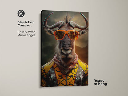 Close-up of a stretched canvas gallery wrap wildebeest art print. The surreal animal canvas features a wildebeest with orange sunglasses. Ready to hang art for eclectic bedroom decor. Unique animal lover gift idea is pop surrealism artwork.