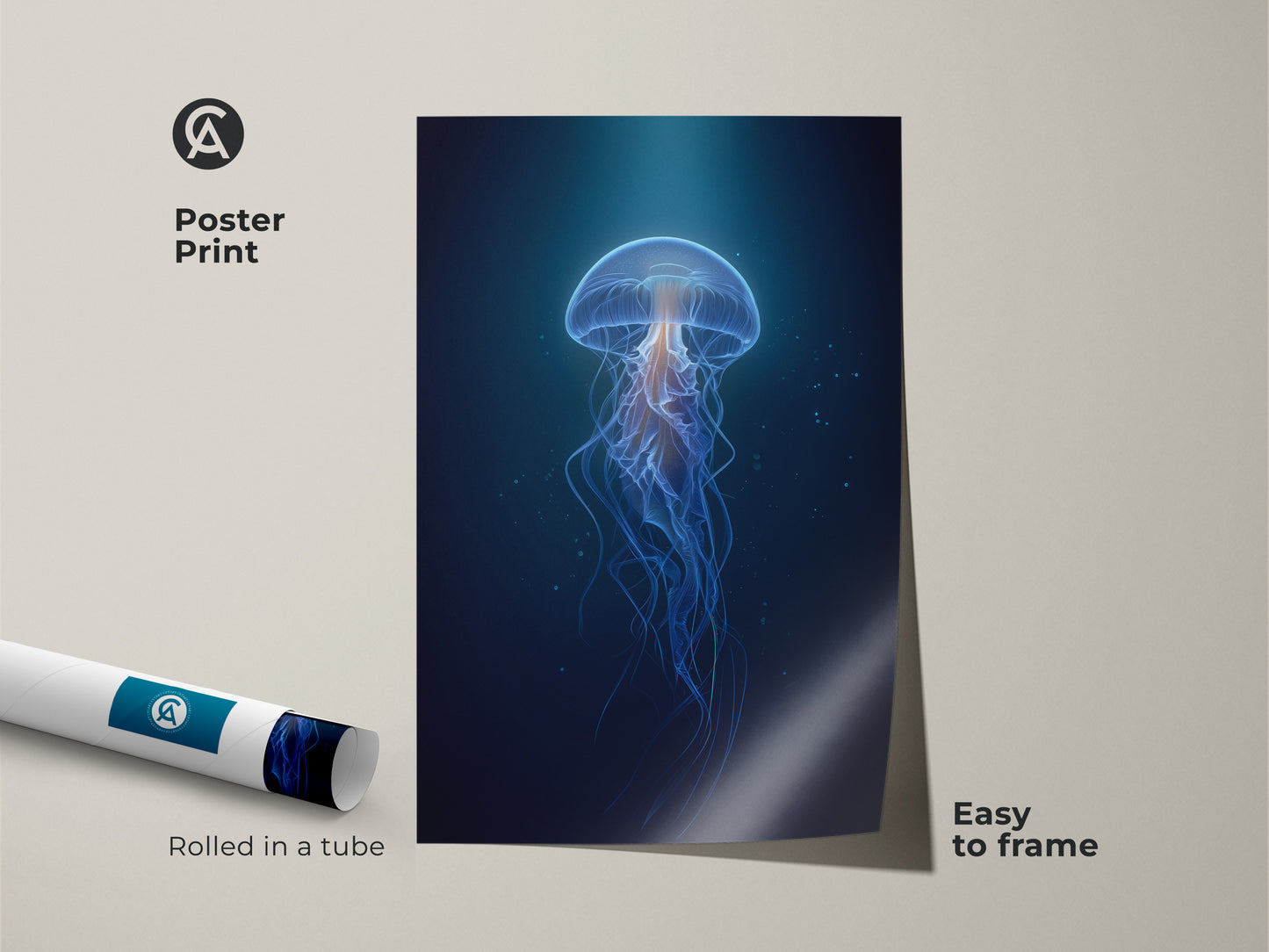 Poster print of an ethereal jellyfish in deep blue and cyan tones. The abstract ocean print is easy to frame for a custom look. This marine life wall decor is rolled in a tube for protection. A unique gift idea for contemporary home decor.