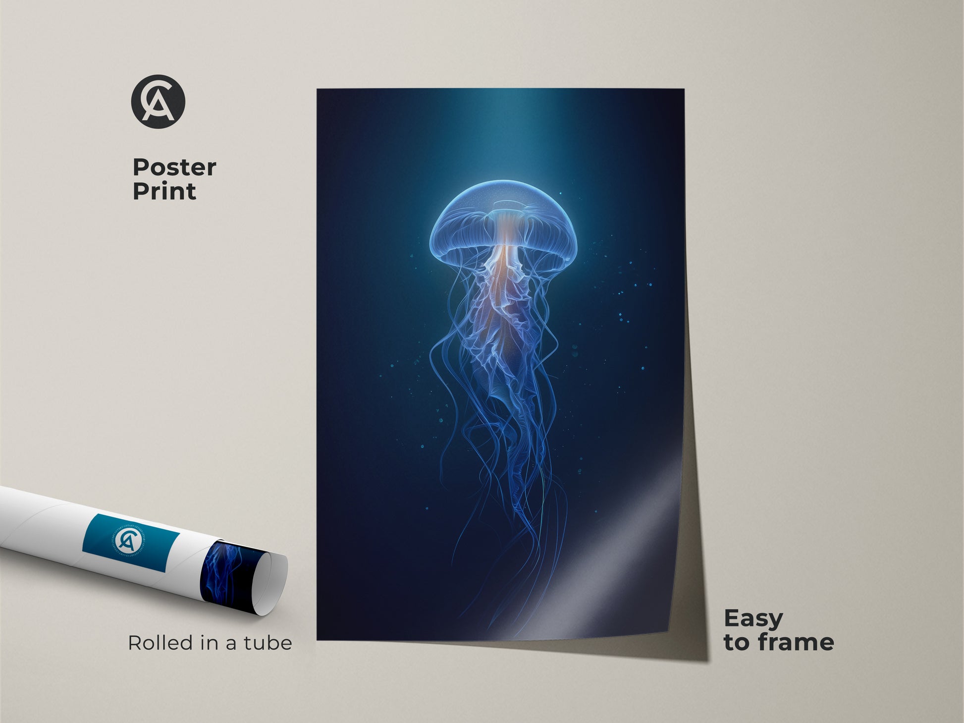 Poster print of an ethereal jellyfish in deep blue and cyan tones. The abstract ocean print is easy to frame for a custom look. This marine life wall decor is rolled in a tube for protection. A unique gift idea for contemporary home decor.
