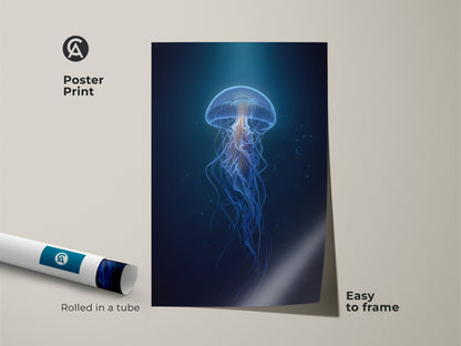 Poster print of an ethereal jellyfish in deep blue and cyan tones. The abstract ocean print is easy to frame for a custom look. This marine life wall decor is rolled in a tube for protection. A unique gift idea for contemporary home decor.