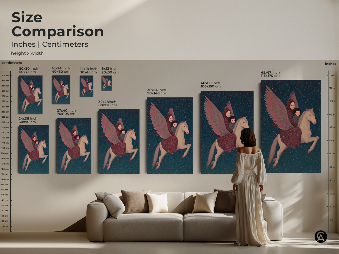 A size comparison displays the celestial mother child Pegasus art in inches and centimeters. From 20x30 cm to 45x67 inches sizes provide options. Canvas and poster prints are great for displaying in a living room or nursery. Add fantasy to your home.