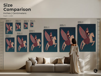 A size comparison displays the celestial mother child Pegasus art in inches and centimeters. From 20x30 cm to 45x67 inches sizes provide options. Canvas and poster prints are great for displaying in a living room or nursery. Add fantasy to your home.