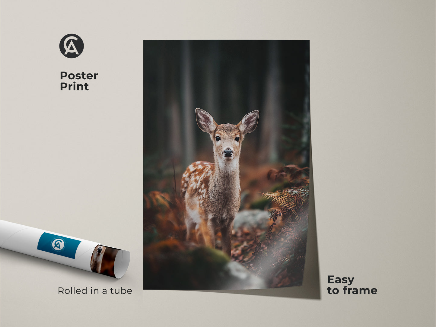Fawn in forest poster print rolled in a tube. Easy to frame this nature photography brings rustic charm. Perfect for woodland themed decor. An ideal gift for animal lovers adding warmth to any space.