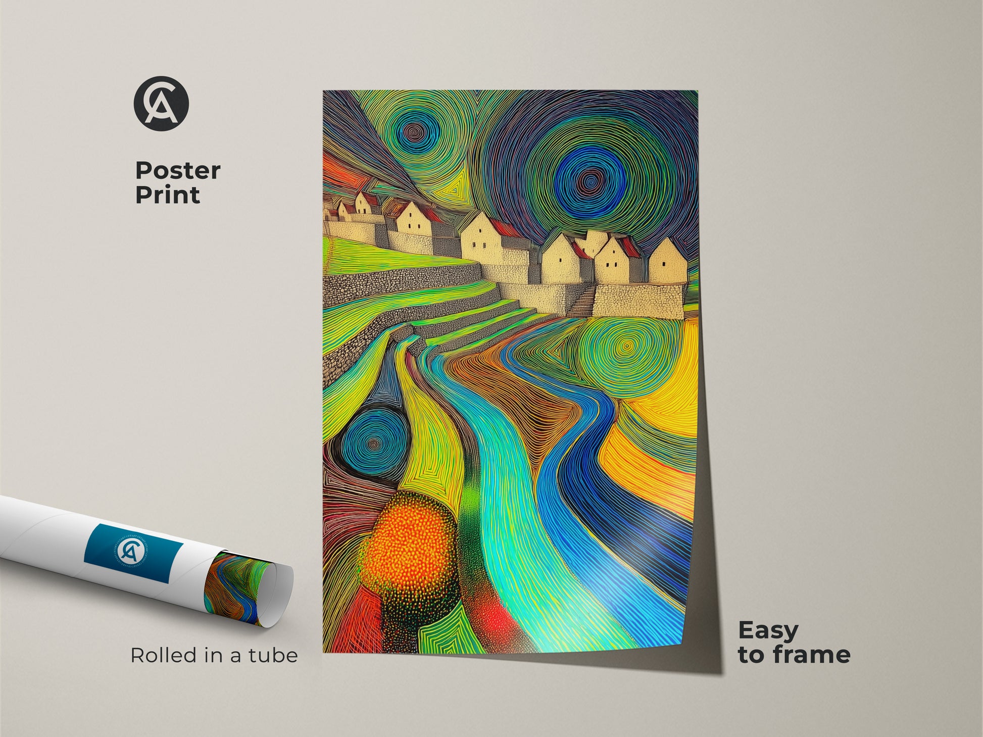 This poster print showcases an abstract landscape of terraced hills and a river. It features vibrant green blue and yellow tones. Easy to frame this eclectic wall art enhances any room. Consider it a unique housewarming gift.