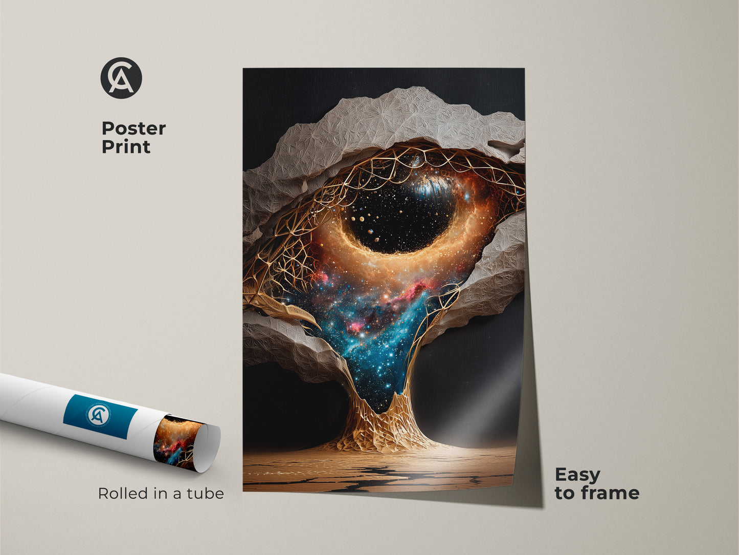Poster print of a gold cosmic swirl painting. This blue space artwork features abstract outer space art. Easy to frame stargazing nebula print for home office space decor. A unique bedroom art print.