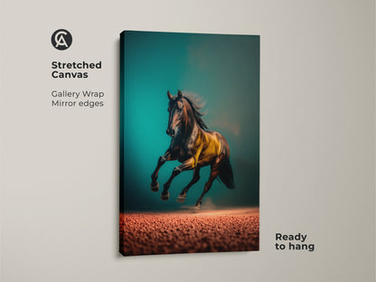 A stretched canvas print of a powerful horse in full gallop. The animal art features a striking teal background with brown and gold tones. Gallery wrapped with mirrored edges this equestrian wall decor comes ready to hang. Perfect as a gift for horse lovers. A sophisticated touch to modern home decor.