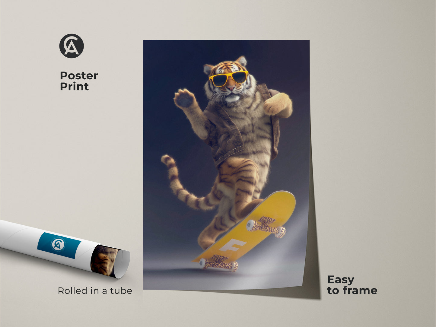This poster print shows a cool tiger riding a skateboard. The funny animal artwork comes rolled in a tube and is easy to frame. Add vibrant animal print to your teen room or game room.