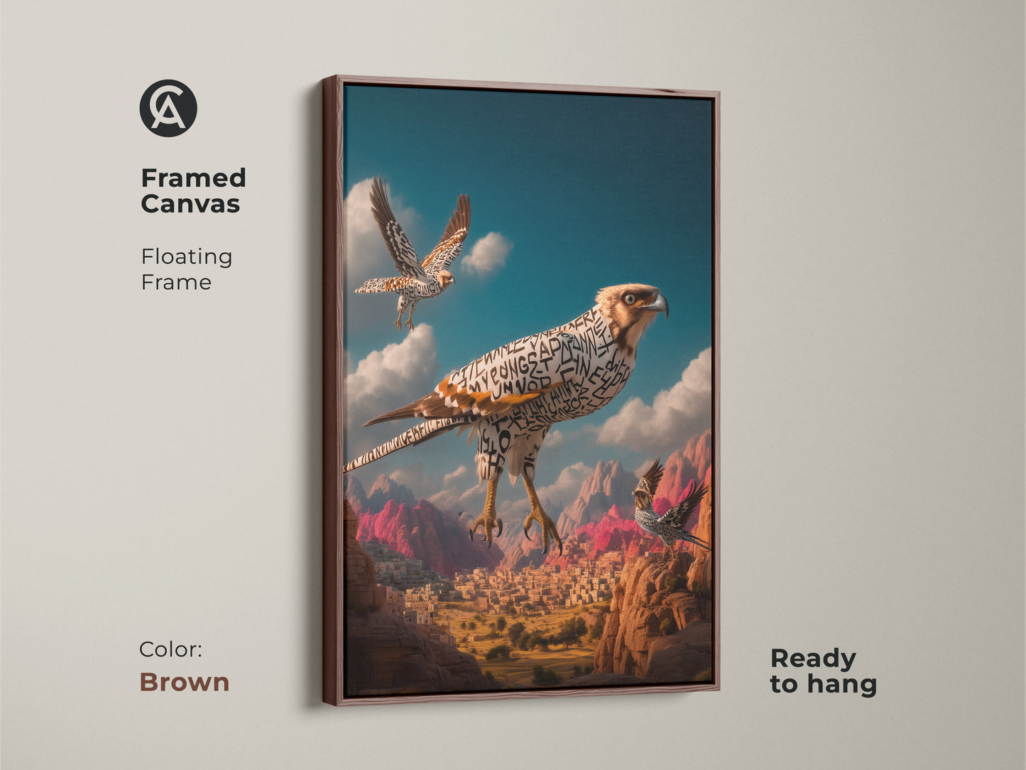 Framed canvas featuring surreal falcon art. This unique piece blends Arabic calligraphy and a desert landscape. The brown floating frame complements its terracotta sky blue and teal tones. Ready to hang this bird of prey canvas makes a statement in any eclectic home.