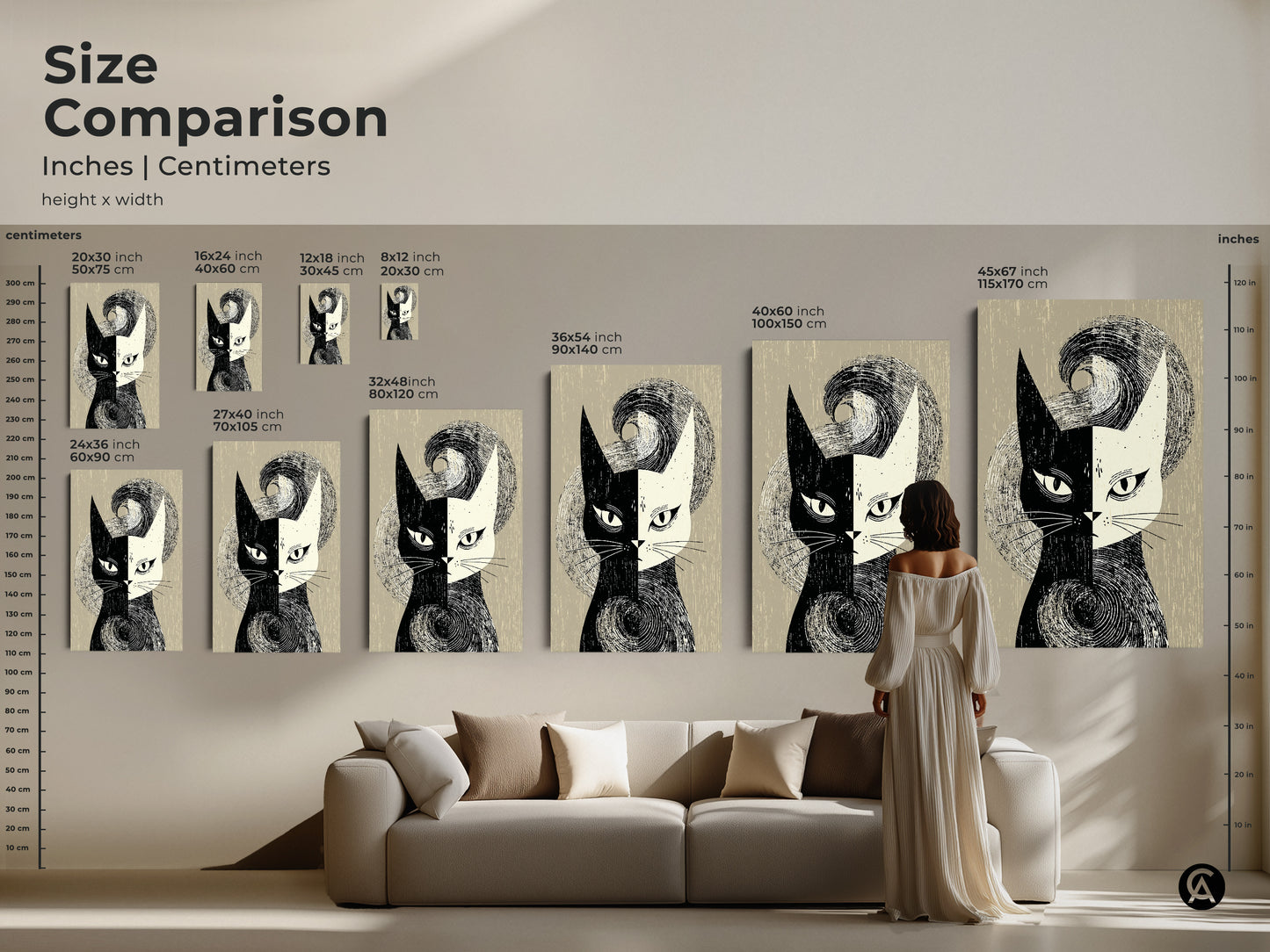 Compare sizes of mid-century modern cat art prints in inches and centimeters. From 20x30 cm to 45x67 inch. Perfect for adding abstract animal artwork to any room. See how the black and white cat face print fits above a sofa. Ideal for cat lovers seeking unique home decor.