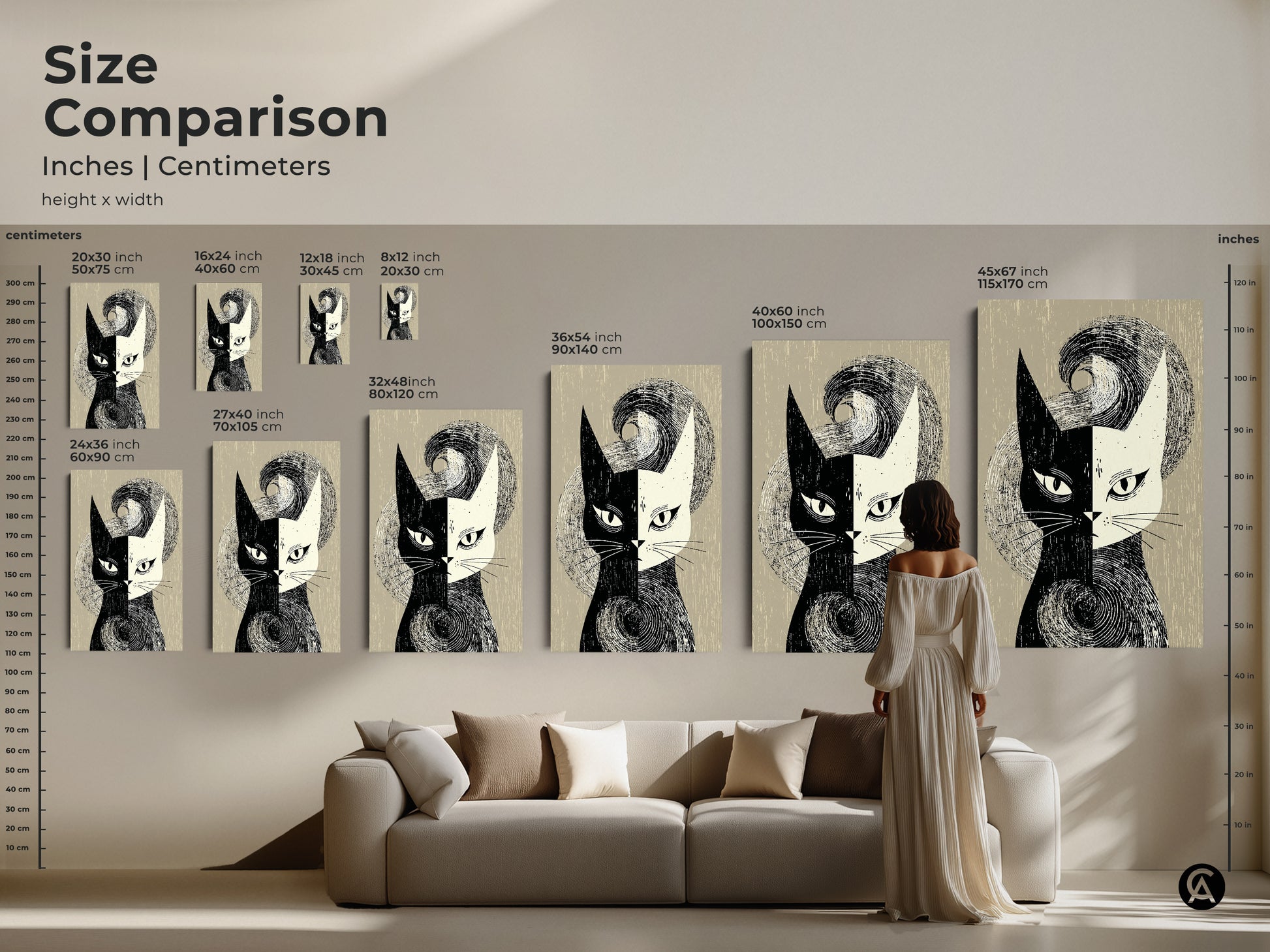 Compare sizes of mid-century modern cat art prints in inches and centimeters. From 20x30 cm to 45x67 inch. Perfect for adding abstract animal artwork to any room. See how the black and white cat face print fits above a sofa. Ideal for cat lovers seeking unique home decor.