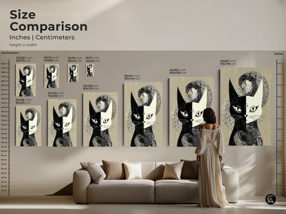 Compare sizes of mid-century modern cat art prints in inches and centimeters. From 20x30 cm to 45x67 inch. Perfect for adding abstract animal artwork to any room. See how the black and white cat face print fits above a sofa. Ideal for cat lovers seeking unique home decor.