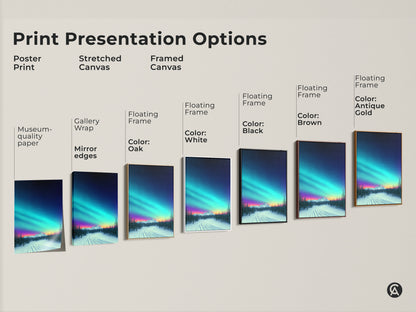 Print presentation options showcase poster print stretched canvas and framed canvas art. Museum-quality paper and gallery wrap options available. Floating frames are available in oak white black brown and antique gold.