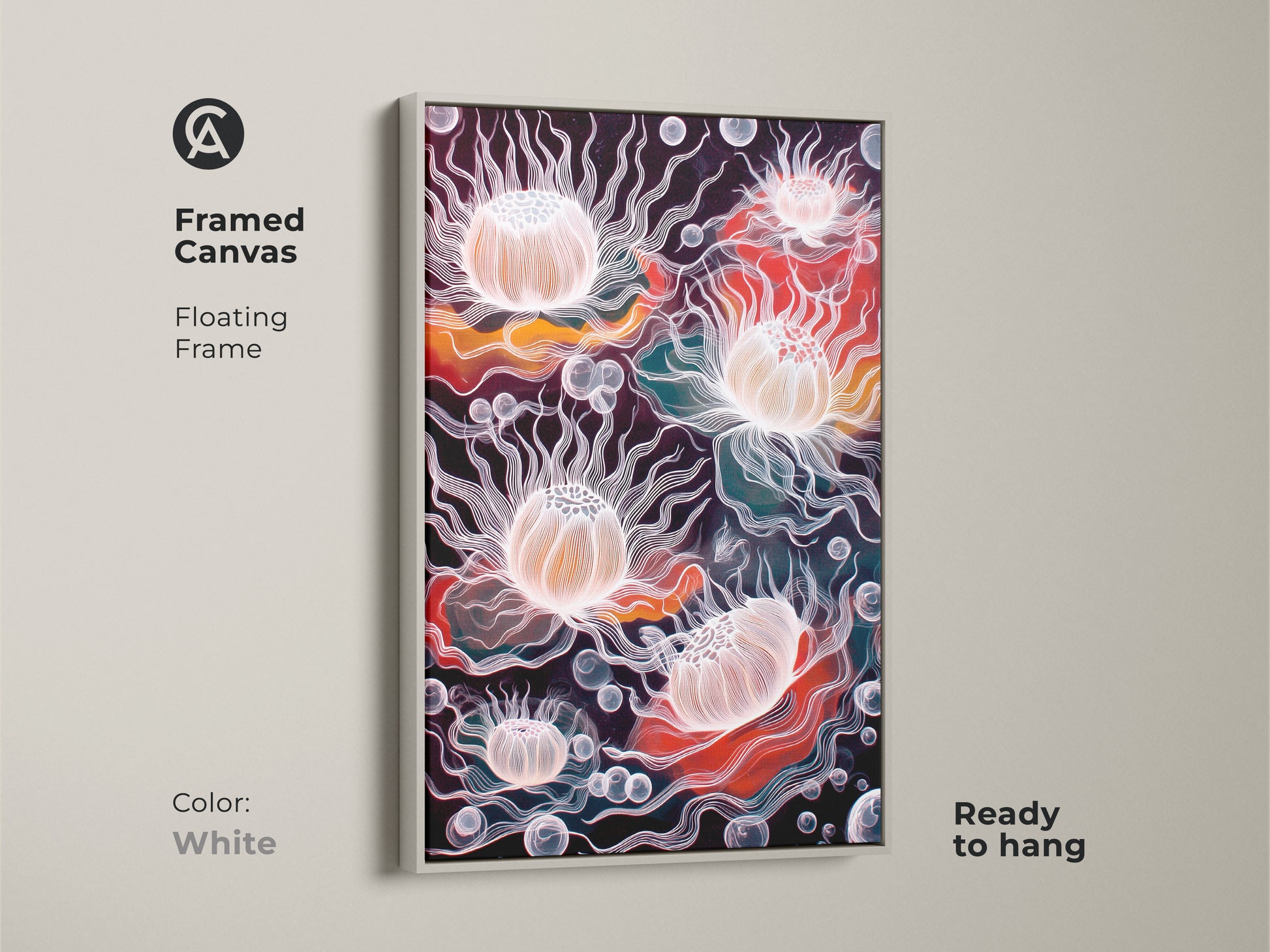 Framed canvas of abstract jellyfish art with a white floating frame. This surreal underwater print features a coral orange and teal palette. Ready to hang for easy eclectic home decor. The line art jellyfish creates a bubble themed aesthetic perfect as a birthday gift for her or modern office wall art.