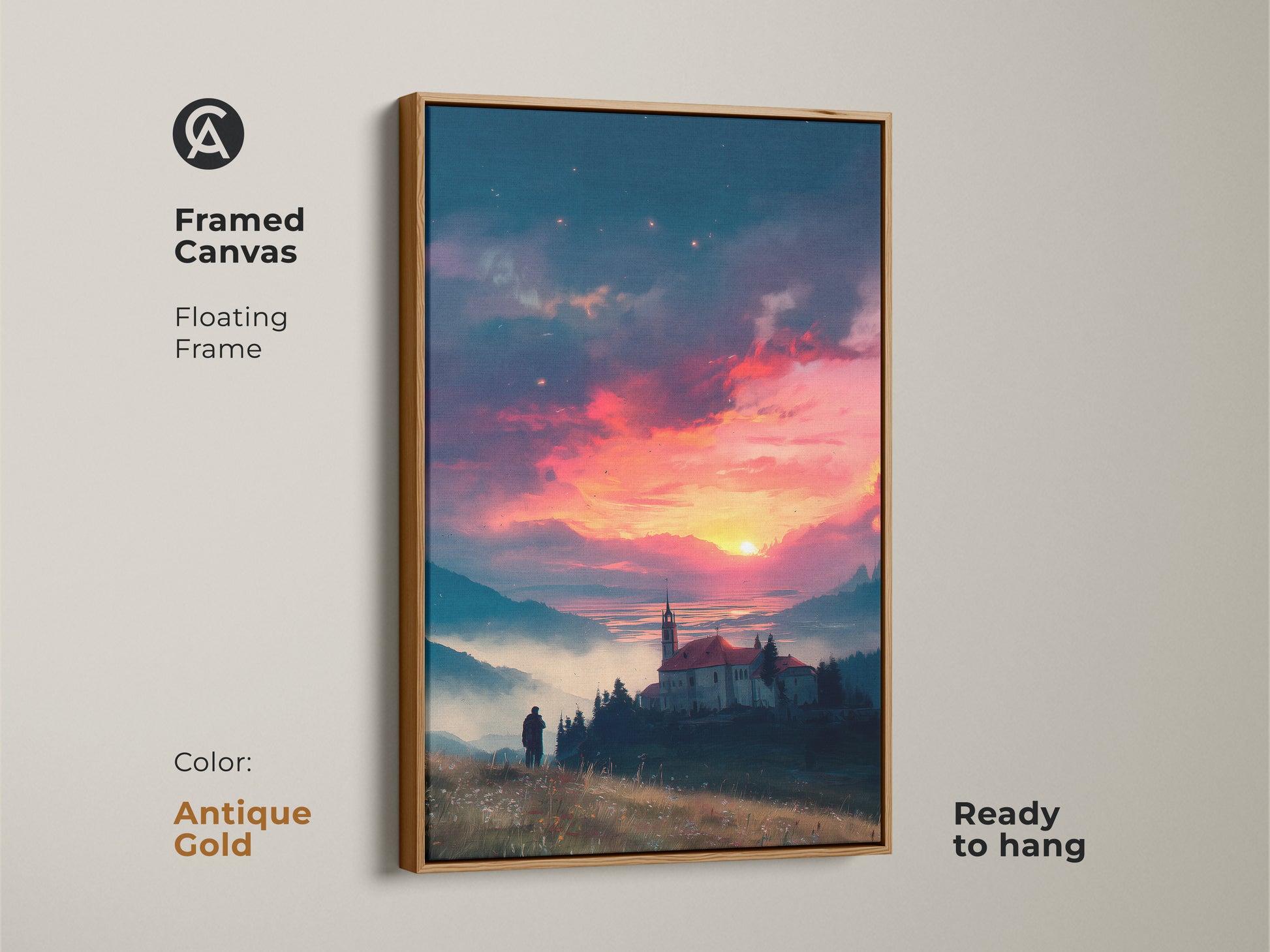 Adorn your walls with this framed canvas artwork. It displays a beautiful sunset landscape. The antique gold floating frame adds a touch of luxury. The art is ready to hang. The artwork features a church a lake and a contemplative figure.