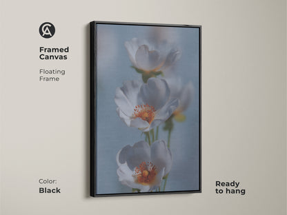 Framed canvas of a delicate white flower art print. This soft focus botanical art is in a black floating frame. The light blue floral canvas enhances a living room. This nature inspired artwork is ready to hang. Ideal for minimalist decor or as a thoughtful housewarming gift.