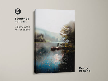 Stretched canvas of a serene lake scene with a rustic dock. A gallery-wrapped impressionist nature artwork. The teal and green water view captures a tranquil landscape. Ready to hang this canvas art will bring a calming touch to any space. Perfect for cottagecore or farmhouse decor.