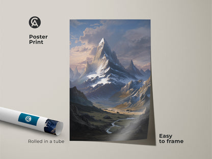 Poster print showcases a realistic landscape artwork. This mountain river valley art is rolled in a tube for easy framing. It's a scenic nature wall hanging for any space.