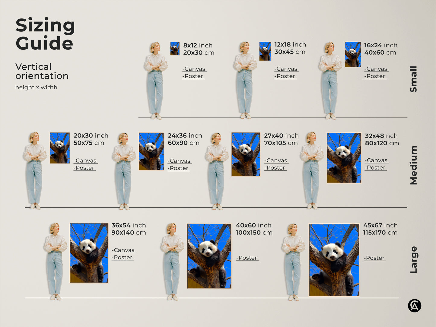 Sizing guide for panda art prints. See vertical orientation options with canvas and poster prints. Available in small medium and large sizes. Find the perfect fit for your space today.