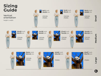 Sizing guide for panda art prints. See vertical orientation options with canvas and poster prints. Available in small medium and large sizes. Find the perfect fit for your space today.