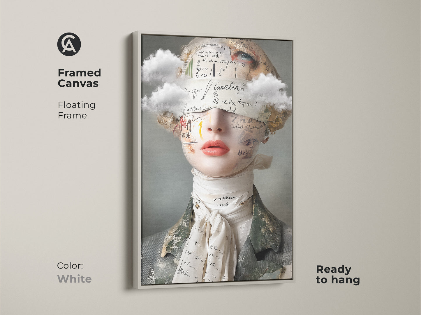 Framed canvas in white featuring surreal woman art. This floating frame showcases a collage artwork with clouds & text. The piece is a artistic female portrait. Ideal for eclectic spaces. Vintage surrealism elements. Ready to hang.