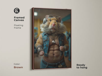 Brown framed canvas of a tan hamster. The cool hamster wears headphones a denim vest and sunglasses. Ready to hang this bodybuilding hamster canvas art is great wall decor. A unique gift idea for fitness lovers adding personality to a gym or office.