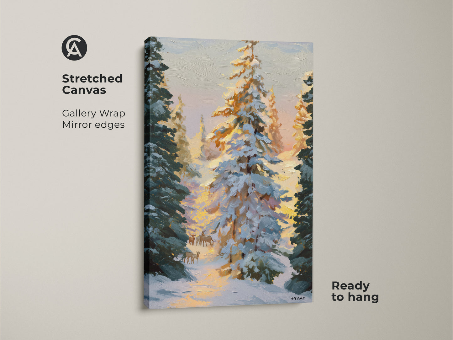 Stretched canvas version of the impressionist winter deer art. Gallery wrapped with mirrored edges this snowy pine forest wall art is ready to hang. A rustic winter cabin decor piece.