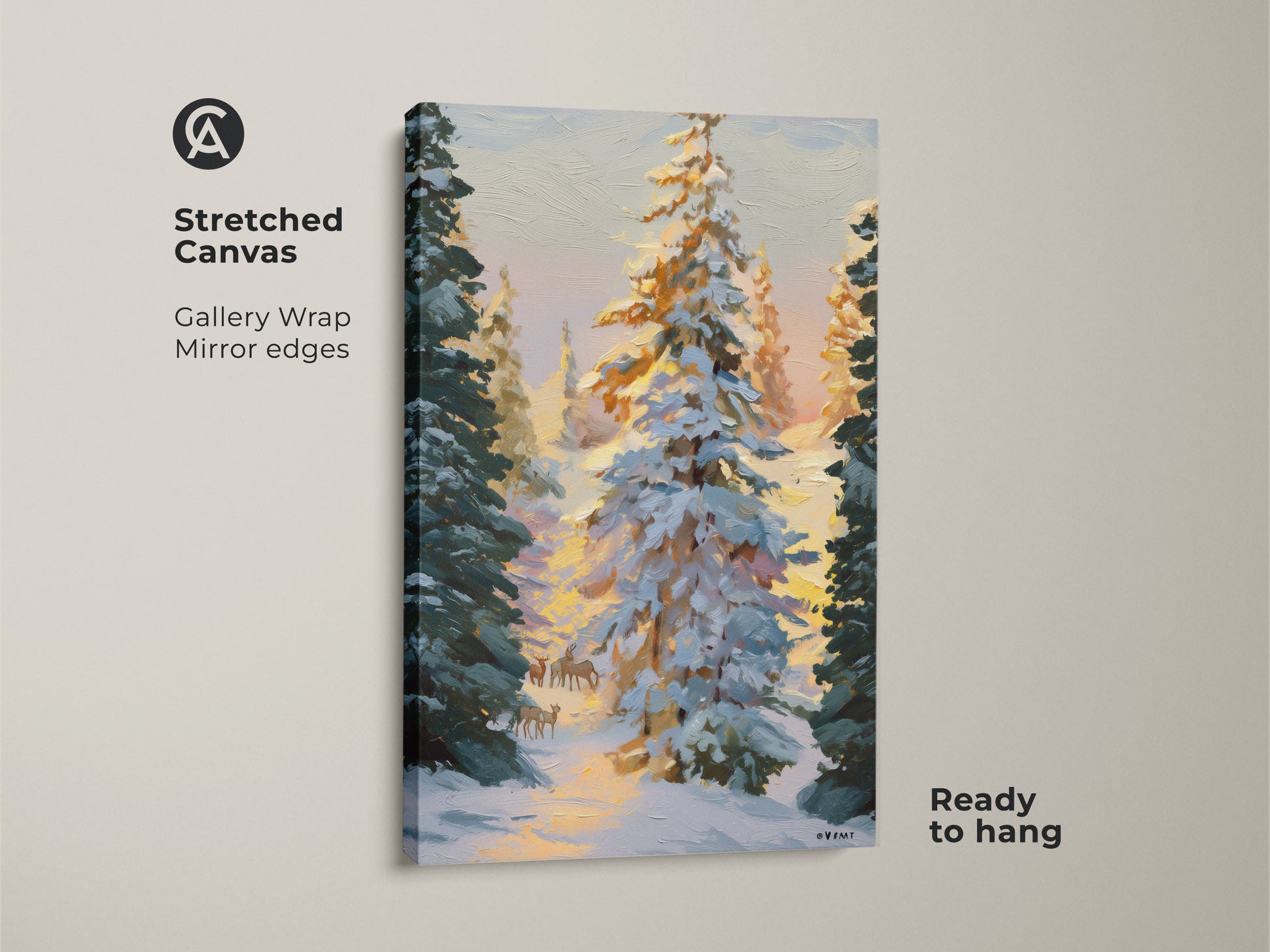 Stretched canvas version of the impressionist winter deer art. Gallery wrapped with mirrored edges this snowy pine forest wall art is ready to hang. A rustic winter cabin decor piece.