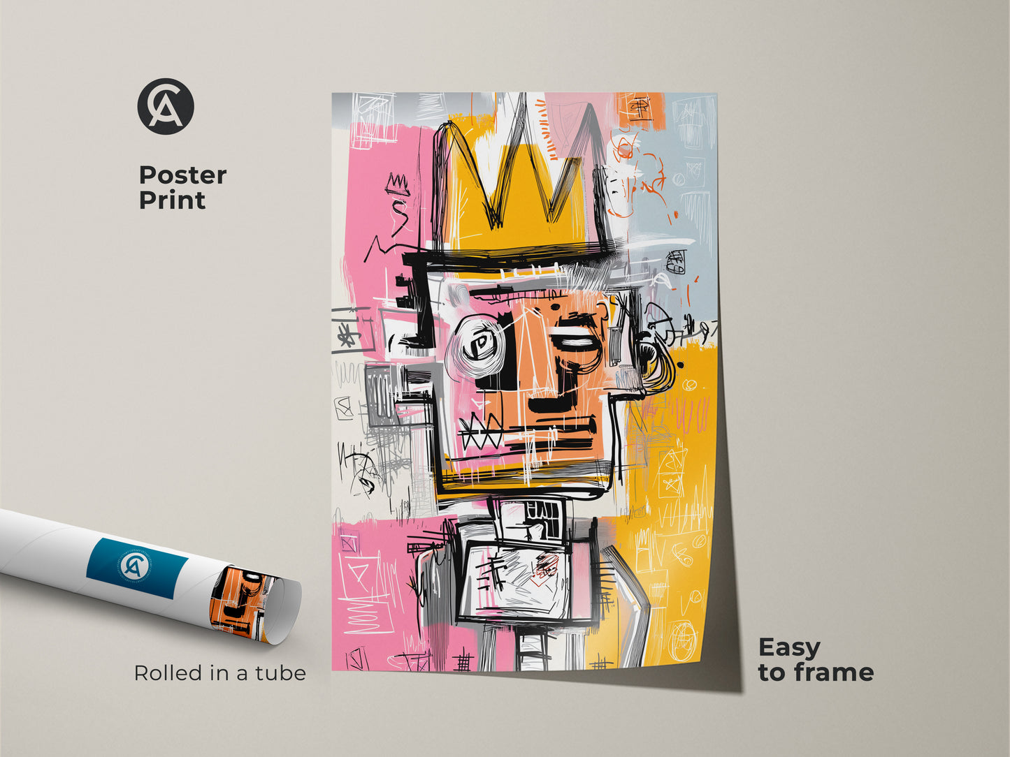 Poster Print of Graffiti-Style King Artwork. This museum-quality poster features a bold figure with a crown. Rolled in a tube for easy framing. Add a modern art touch to your space. Easy to frame this artwork brings urban style to your walls.