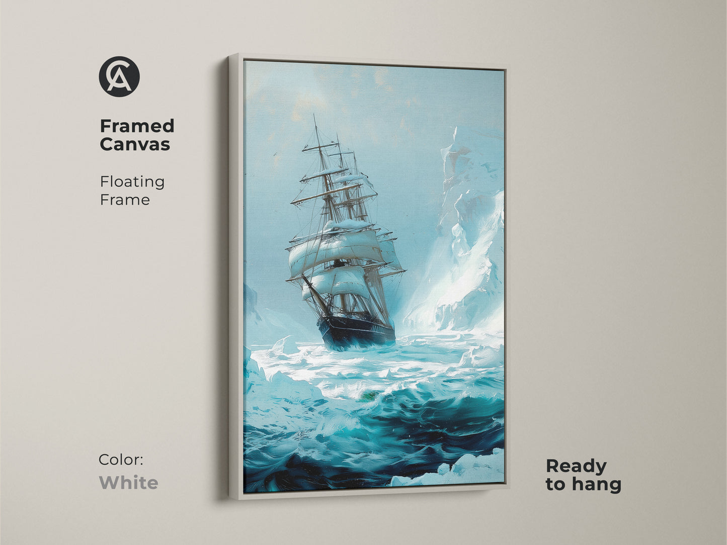 A framed tall ship canvas art featuring a white floating frame. This nautical artwork showcases a vintage sailboat amidst icy waters. The deep teal blue print is ready to hang in coastal themed decor.