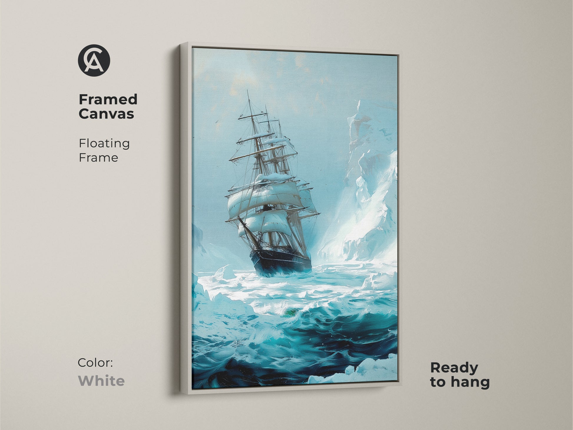 A framed tall ship canvas art featuring a white floating frame. This nautical artwork showcases a vintage sailboat amidst icy waters. The deep teal blue print is ready to hang in coastal themed decor.