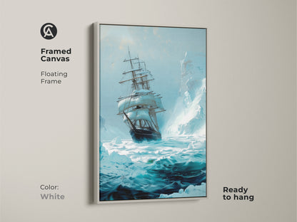 A framed tall ship canvas art featuring a white floating frame. This nautical artwork showcases a vintage sailboat amidst icy waters. The deep teal blue print is ready to hang in coastal themed decor.