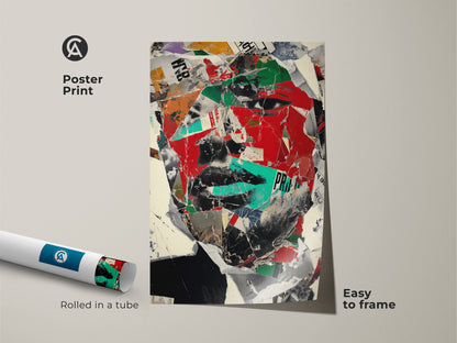 Poster print of an abstract face collage artwork rolled in a tube. Easy to frame this mixed media portrait features bold red black and green colors. This urban street art print is perfect for eclectic home decor.