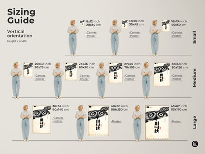 Sizing guide for the Scandinavian Owl Artwork. See various sizes on canvas and poster. Visualize how this black and white minimalist art fits in different spaces. Discover the perfect dimensions for your study decor or home office.
