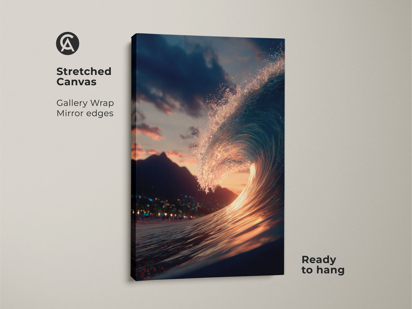 Stretched canvas artwork of a breaking wave. The gallery wrap has mirrored edges for a clean look. This ocean art is ready to hang. The wave sparkles in the sunset light. A great piece for ocean lovers.