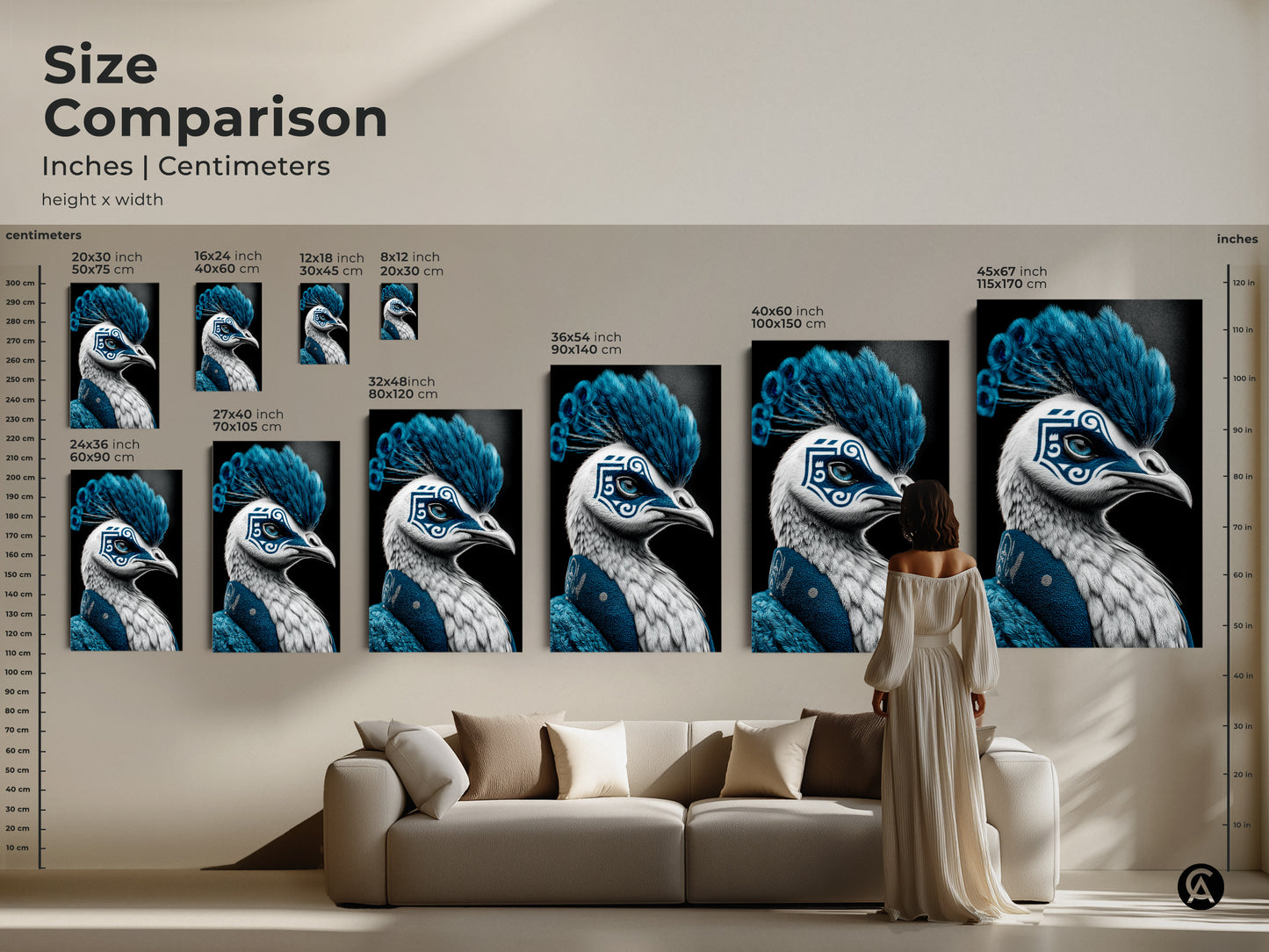 A size comparison highlights inches and centimeters for the peacock mask artwork. Showcasing the art in various sizes above a modern sofa. Perfect for surreal animal lovers looking to enhance their wall.